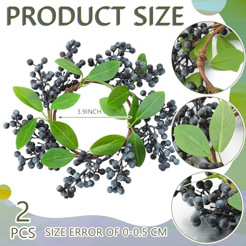Daifunli 2 Pcs Christmas Candle Rings Blueberry Wreaths for Pillar 3.9 Inch Simulated Blueberries Candles Holder for Winter Christmas Xmas Wedding Home Rustic Table Centerpiece Decor - Image 2