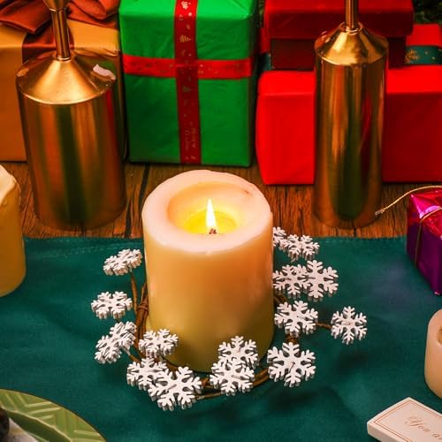 Daifunli 2 Pcs Winter Candle Rings Snowflake Wreath Glitter Vintage Wood Wreaths for Pillar 3.9 Inch Frosty Candles Holder for Winter Christmas Xmas Wedding Home Rustic Table Centerpiece Decor - Image 3