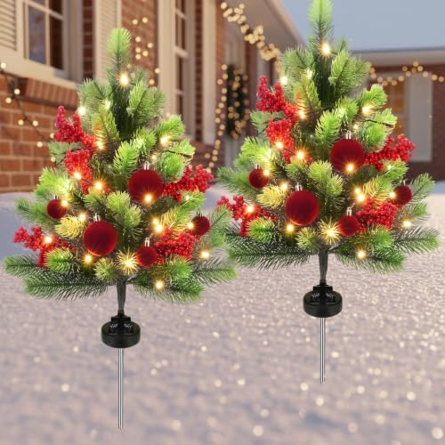 Woanger 2 Pack Velvet Ball Outdoor Solar Christmas Tree Stake Lights, 29 in - Image 2