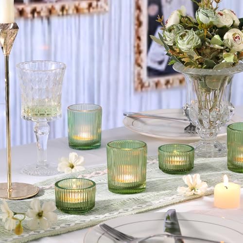 NITIME 10pcs Ribbed Green Votive Candle Holders for Wedding Table Decor, Assorted Tea Light Candle Holder Glass, Green Candle Holders for Table Centerpieces, Brithday and Tea Party Decorations - Image 3