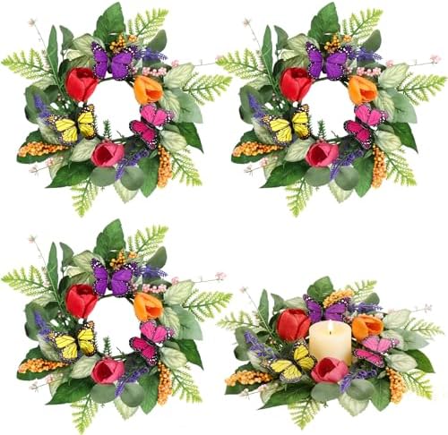 4 PCS Summer Lavender Tulips Candle Rings Wreaths Artificial Floral Pillar Candle Holder Wreaths with Butterfly Mini Spring Summer Candle Rings for Table Centerpiece Home Farmhouse Cabinet Porch Decor by Unknown