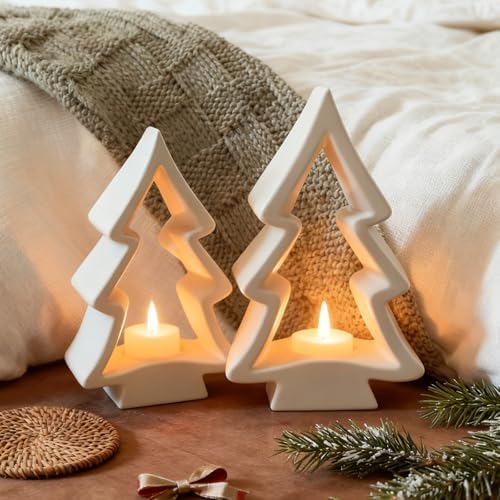 AceOrbit 2 Pcs Christmas Tree Candle Holders White Wooden Tealight Rustic - Image 4