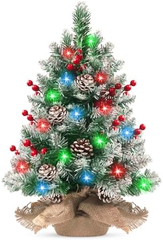 Pre-lit Mini Christmas Tree 20 Inch Small Tabletop Xmas Tree with 30 LED String Lights Locking Snow Frost Tips Berries Wood Base Ornaments Tabletop Artificial Pine Tree for Christmas Decoration by DoHome