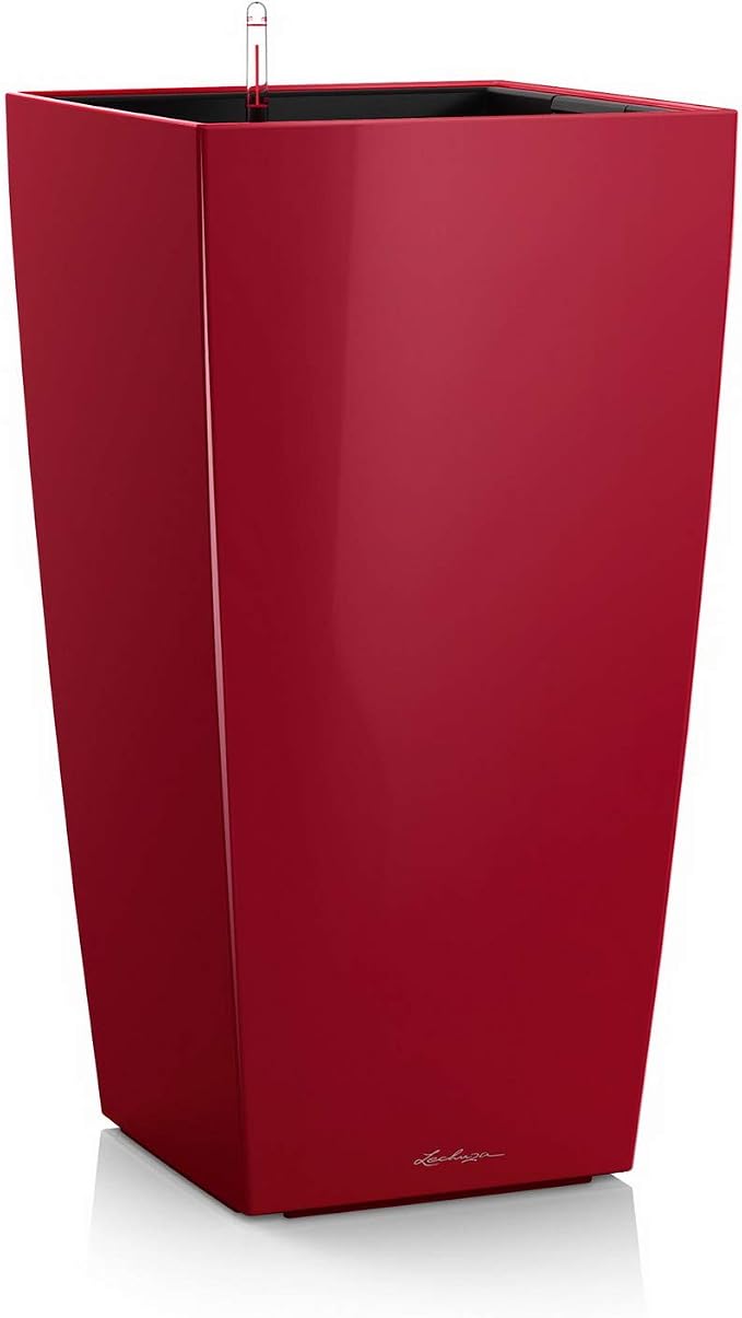 Lechuza CUBICO 22 Scarlet Red High Gloss, Self-Watering Tall Planter, H16.1 L8.7 W8.7 in