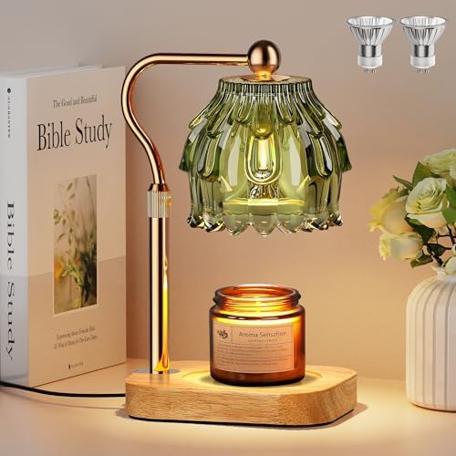 Candle Warmer Lamp with Timer Dimmer, Modern Wax Warmer for Scented Wax Jar Candle Warmer with 2 Bulbs, Adjustable Height Glass Lamp for Gifts for Women, Home Decor, Gold Green by Qimh