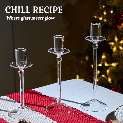 CHILL RECIPE Candle Holder Glass Taper Candlestick Holders with Built-in Candle Drip Protectors for Table Centerpiece Wedding Party (Clear 3Pcs) - Image 7
