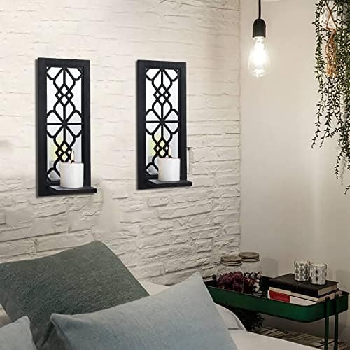 ZEXUIRU 2 Set Rustic Candle Sconces Living Room Bedroom Entryway Wood Mirrored, Farmhouse, Carved Frame Wall-Mount Wooden Candle Holders Wall Decor Hanging Handmade Holder - Black - Image 3