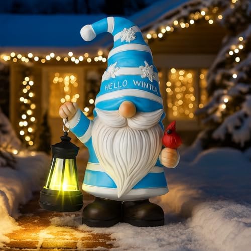 8" Hello Winter Gnome Statue Decorations for Outdoor Resin Garden Gnome Holding Lantern with Solar Lights and Cardinals Snowflakes Figurine for Porch Christmas Outdoor Patio House Decoration by Tuanse