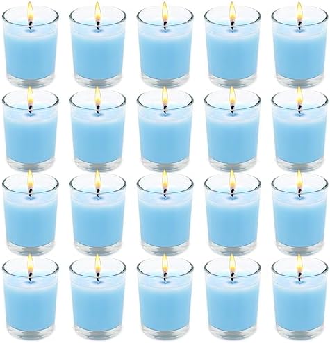 Set of 20 Babyblue Votive Candles Clear Glass Filled Unscented Soy Wax Candle for Home Spa Weddings Holiday Baby-Shower Party and DIY by BERYSCEN