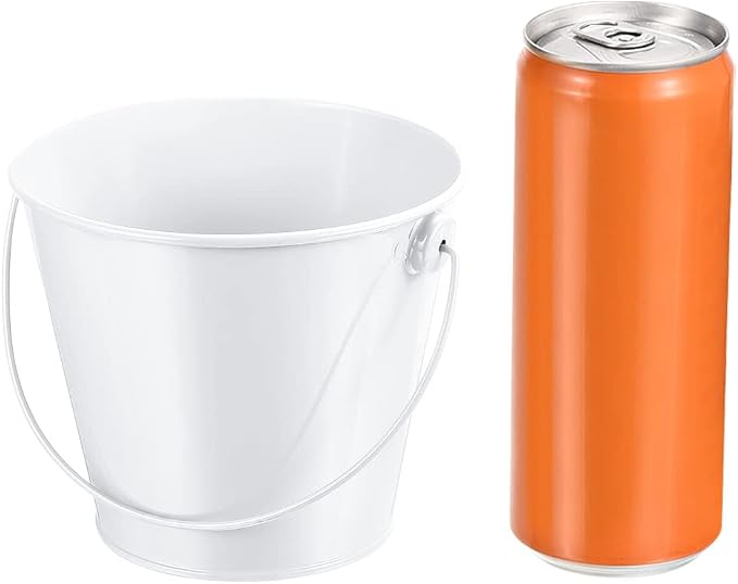 PATIKIL 4.7 Inch Colored Metal Buckets, 4 Pack Pencil Holder Buckets Round Metal Planter Pails Container with Handles for Classroom Crafts, White