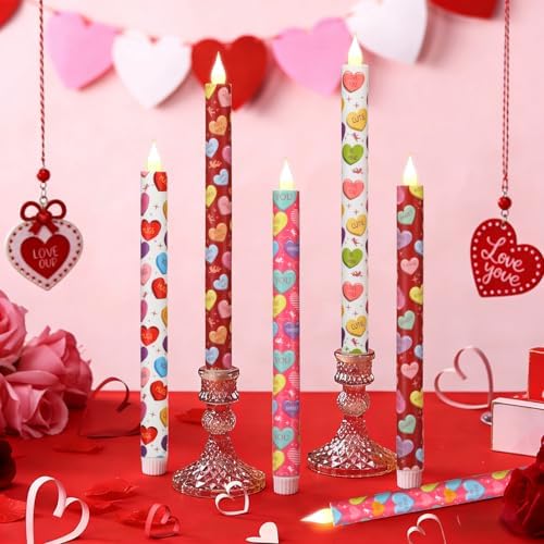 Valentine Taper Candles, 6 Pcs 10.6 Inch Flameless LED Candlesticks with Remote & Timer, Battery Operated Conversation Heart Decor for Valentine‘s Day Dinner Anniversary Wedding Table Decor - Image 5