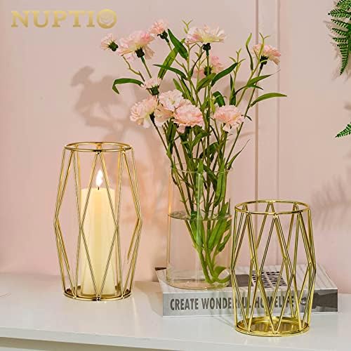 NUPTIO Gold Geometric Hurricane Glass Candle Holders, Set of 2 - Image 5