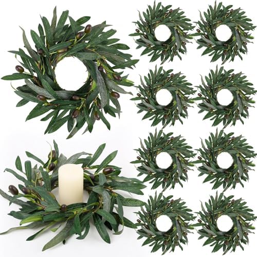 8 Pcs Summer Olive Candle Rings Wreaths Artificial Greenery Wreath with Olive Leaves Spring Summer Wreath for Pillars Farmhouse Festival Kitchen Cabinet Celebrations Tabletop Decoration by Unknown