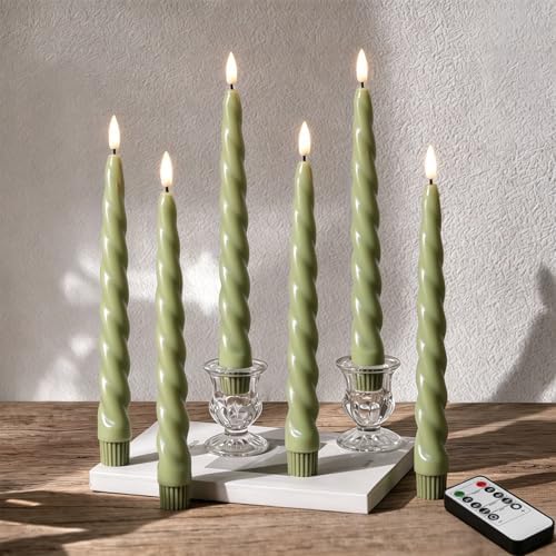 Sage Green Spiral Flameless Taper Candles with Remote Set of 6 by Girimax