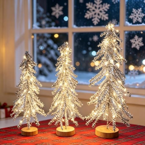 3 Pcs Mini Christmas Tree with Lights, Artificial Bottle Brush Trees with Wooden Bases Christmas Table Decor Small Trees with LED Light String for Decorations，Silver by Unknown
