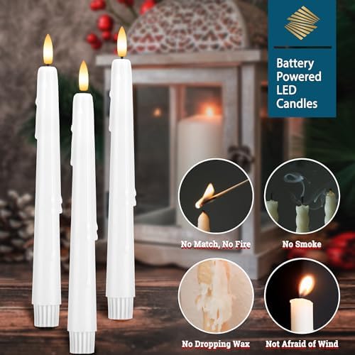 Dripless Flameless Taper Candles with Remote, Real Wax Battery Operated LED Candles Set with 3D Flickering Flame, 3Pcs White 9.6" Realistic Candlesticks as Mothers Day Gifts, Gifts for Mom - Image 3