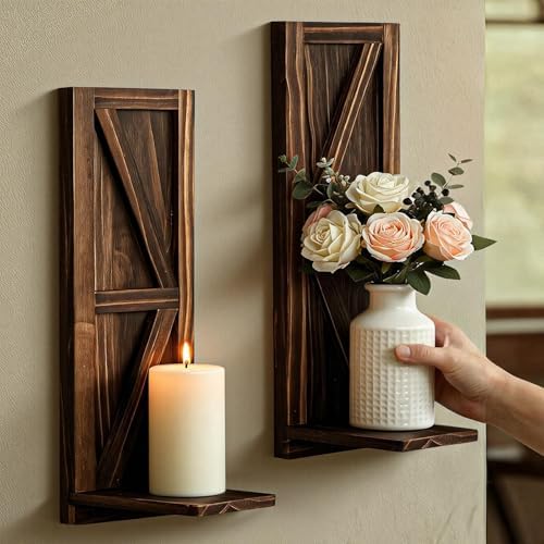 Wall Candle Holders Set of 2, Farmhouse Brown Wood Sconces, 15.7"x5" - Image 4