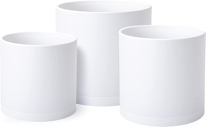 D'vine Dev 6 Inch 6.5 Inch 8 Inch, Set of 3 Plastic Planter Pots for Plants with Drainage Hole and Seamless Saucers, White Color, Medium, 74-V-A-3