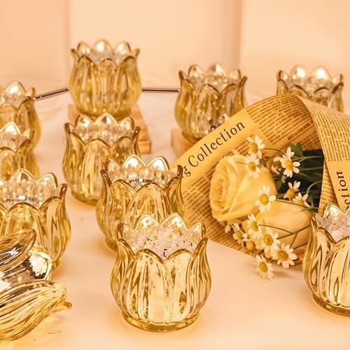 Tulip Votive Candle Holders Set of 12, Tea Light Candle Holder Glass for Table Centerpiece, Tealight Candle Holders for Wedding Déco, Birthday, Anniversary, Parties, and Holiday (Glod) by VIVAHEARTH