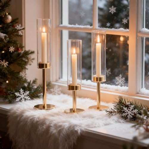 Gold Hurricane Glass Candle Holders Set of 3 Brass Taper Candlestick Holder - Image 2