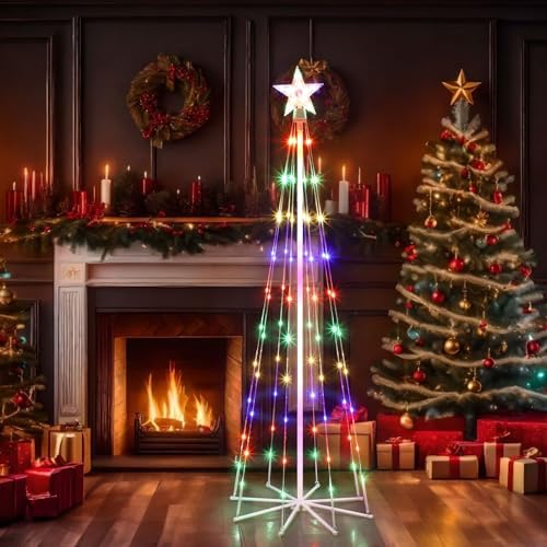 5' LED Animated Christmas Tree, Multicolor Lightshow Lighted Cone Wire Tree with Topper Star, Artificial Lighted Tree for Indoor/Outdoor Yard Patio - Image 7