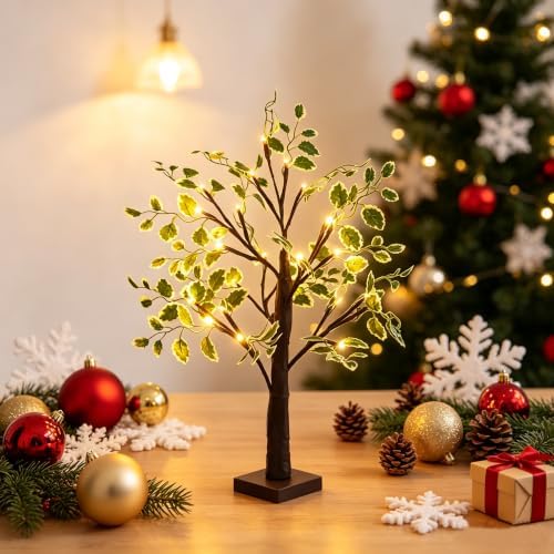 2FT Lighted Birch Tree with Green Leaves by JQPYGB