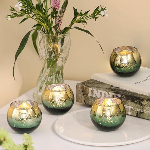 Volens Green Votive Candle Holders Set of 12, Round Mercury Glass Votives - Image 5