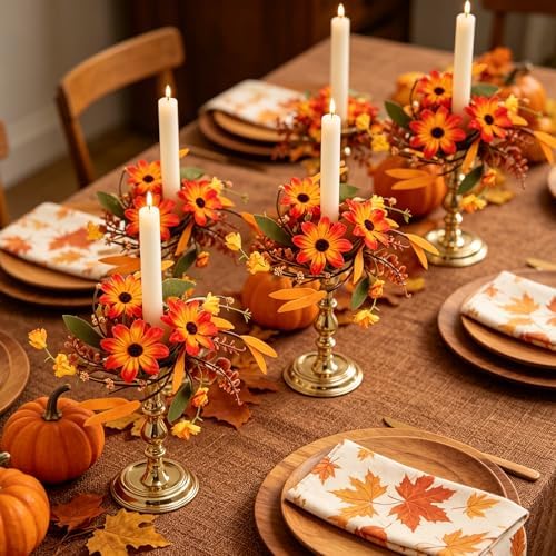 4 PCS Fall Daisy Taper Candle Rings 1.38" Mini Artificial Autumn Flower Taper Candle Holder Wreaths with Thanksgiving Harvest Floral Table Centerpieces Decor for Candlesticks Farmhouse Home Decor - Image 5