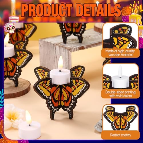 12 Pcs Lemonroad Day of the Dead Wooden Butterfly Candleholder Tabletop - Image 3