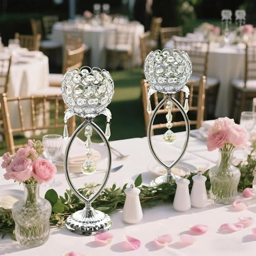 6 Pcs Silver Elegant Metal Crystal Tea Light Candle Holders with Crystal Pendants, Hollow Design - Wedding Table Centerpieces for Anniversary Birthday Party, Home Decor - Image 6