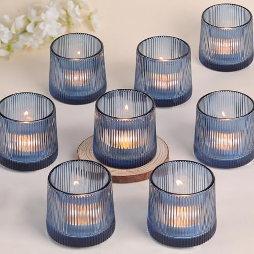 DARJEN Blue Ribbed Tealight Votive Candle Holders Set of 10 by DARJEN