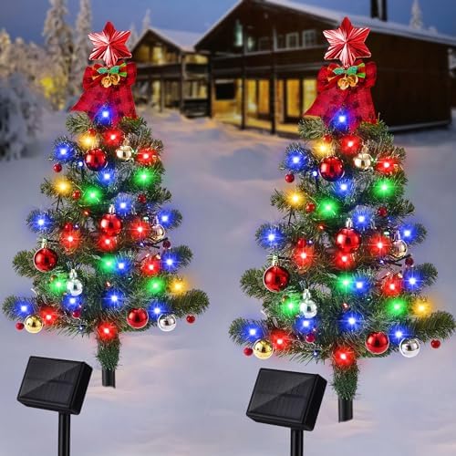 Solar Christmas Tree Garden Stake Lights, 136LED Outdoor Waterproof Solar Lights with 8 Lighting Modes, Small Christmas Tree for Garden Yard Pathway Patio Decoration, 2 Packs by Brightever