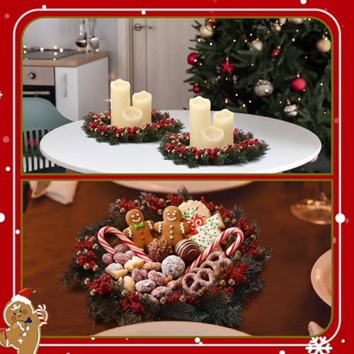 Daifunli 2 Pcs Christmas Gold Ball Red Berry Pine Needle Candle Ring Artificial Berry Bell Wreaths for Pillar 12 Inch Candle Holder for Winter Christmas Country Wedding Kitchen Table Centerpiece Decor - Image 4