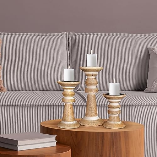 Lightnpro Wooden Pillar Candle Holders Set of 3 - Decorative Vintage Rustic Farmhouse Style Wooden Candle Stands for Home Décor, Gift, Wedding & Everyday Use - White Wash - 10", 8", 6" by Lightnpro