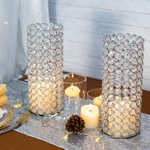 LoveCat Silver Crystal Candle Holders - Hollow Bling Crystal Vases, 10.4" Tall Cylinder Vases for Centerpieces, Elegant Metal Hurricane Candlestick Holders for Event Party Wedding Home Decor (8pcs) - Image 6