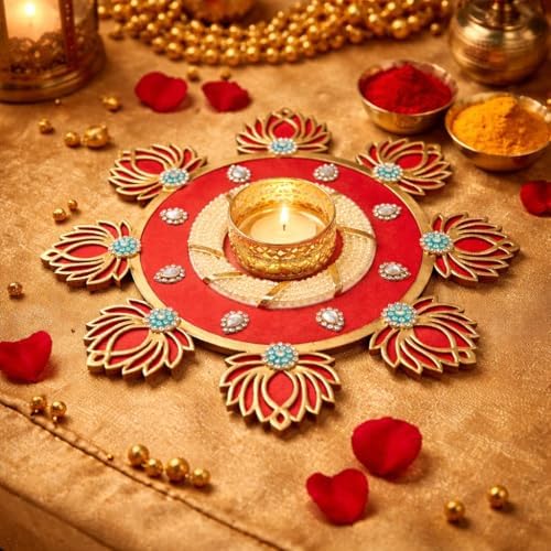 Lotus Rangoli with T-Light Tlight Holder Tea Light Candle Table top Center for Floor Stand for Traditional Festival Decoration Décor Gifts Gifting Idea for House Warming Return Gifts(Size:-8")(Red) - Image 2