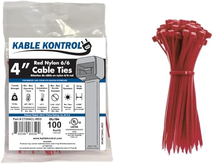 Kable Kontrol Red Zip Ties 4 Inch 100 Pcs, 18 Lbs Tensile Strength, Self-locking Nylon Colored Cable Ties Wire Wraps for Indoor or Outdoor Use