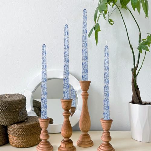 Blue Floral Long Taper Candles - 10 Inch Unscented and Smokeless Flower Printed Candle for Wedding, Dining & Holiday Table Centerpiece Set of 4 - Image 4