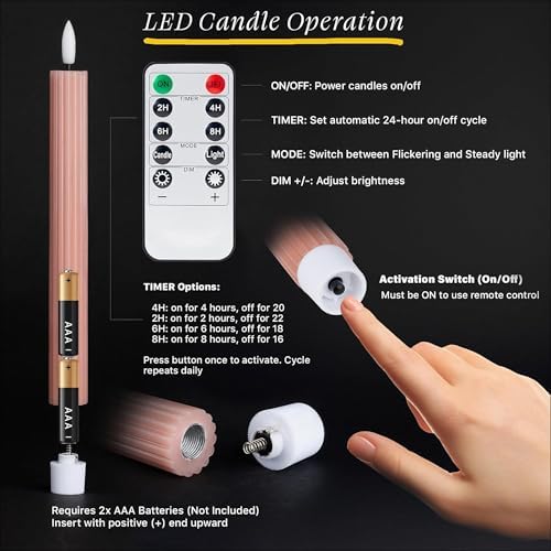 6 Pack, 10" LED Flameless Real Wax Dusty Rose Fluted Ribbed Grooved Taper Candles, Remote & 24h Timer Memory, On/Off Button, Dimmable, Flicker Mode, Battery Operated, Wedding - Image 3