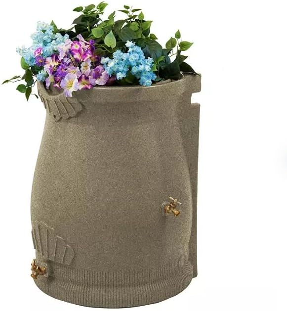 Rain Wizard Decorative Urn Rain Barrel, Durable polyethylene Resin, with Brass Spigot, Flat-Back Design,Perfect for Gardening Any Home (Sandstone, 50 Gallon)