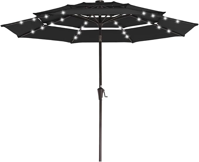 JEAREY 3 Tiers Patio Umbrella with Solar Lights 9ft Outdoor Market Table Umbrellas with Push Button Tilt for Outside Pool Garden, Black