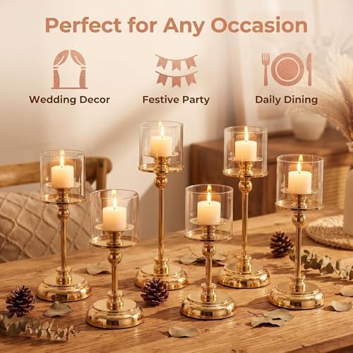3PCS Gold Hurricane Candle Holders, Glass Hurricane Candlestick Holders for Pillar Candles, Tall Metal Candle Holders with Removable Glass Shade for Wedding Centerpieces, Dining Table Decor - Image 3