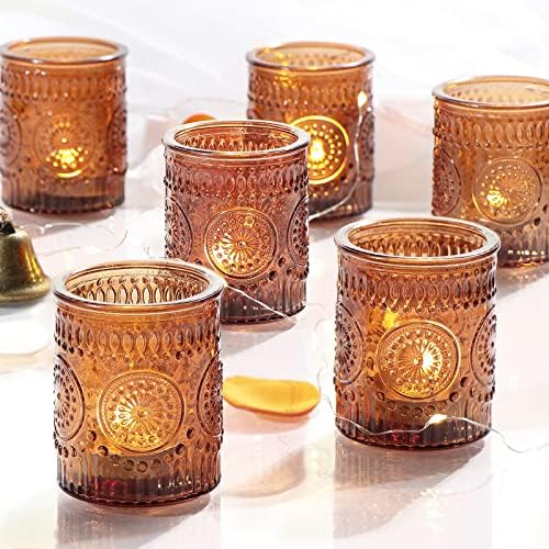 DEVI 24pcs Vintage Amber Votive Candle Holders, Amber Glass Tea Lights Candle Holder for Baby Shower, Boho Wedding Decorations, Vintage Boho Party Home Fall Centerpieces Table Decoration by DEVI