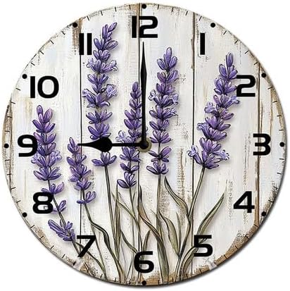 Lavender Flower Wooden Silent Non-Ticking 10 Inch Round Clocks Battery Operated Analog for Living Room Kitchen Bedroom Bathroom Office Home School Decor