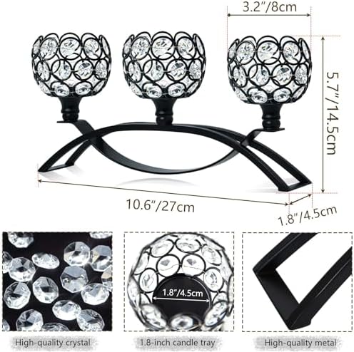 Crystal Tealight Candle Holder Centerpiece Home Decorative Candlestick Holder Elegant Table Centerpiece Home Decor Wedding Party Anniversary (Black, 3 Arm) - Image 2