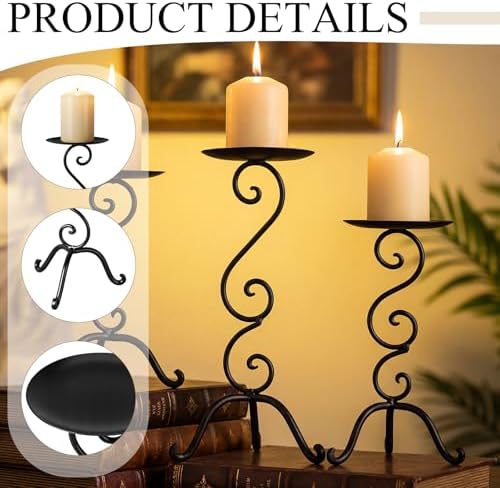 3 Pcs Black Iron Candlestick Holders 11.8,9.8,6.3 Inch, Antique - Image 3