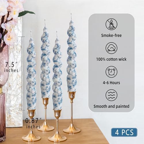 Spiral Candle Sticks Printed Candlestick,Set of 4 Long Taper Candle Colorful Twisted Candlesticks 10 inches Blue Flower Tapered Candles for Home Wedding Women Gifts (2D4T-BLUFLW) - Image 5