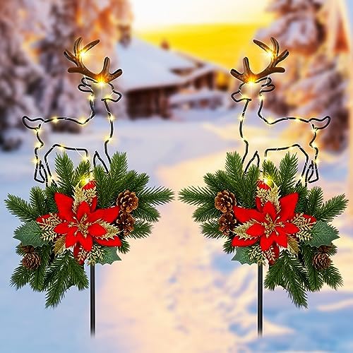 Ganeen 2 Pcs Christmas Reindeer Yard Stakes Solar Outdoor Cemetery Lights by Ganeen