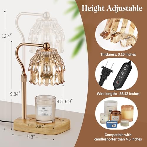 Candle Warmer Lamp with Timer Dimmer, Modern Wax Warmer for Scented Wax Jar Candle Warmer with 2 Bulbs, Adjustable Height Glass Lamp for Gifts for Women, Home Decor, Gold Amber - Image 5