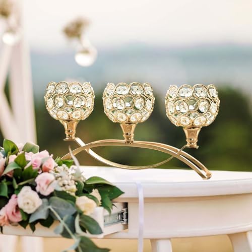 Crystal Tealight Candle Holder Centerpiece Home Decorative Candlestick Holder Elegant Table Centerpiece Home Decor Wedding Party Anniversary (Gold, 3 Arm) - Image 6